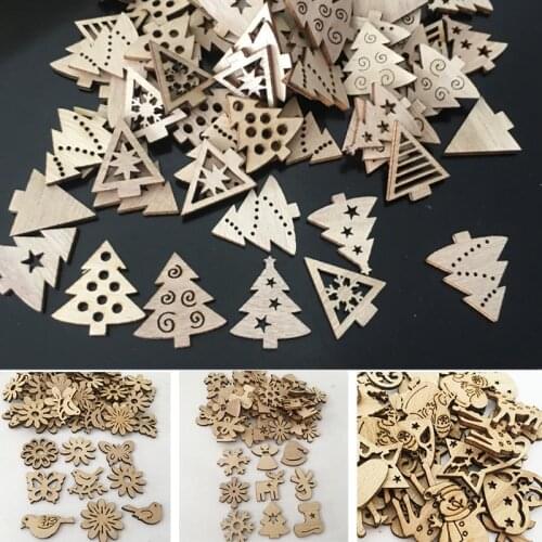 50pcs Natural Wood Chips Christmas Tree/Reindeer/Snowflake Mixed Shape Crafts Scrapbooking Decor DIY Handmade Chip