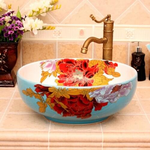 Home & Hotel Decor Artistic China Painting cordate telosma Ceramic Art Bathroom Vessel Sinks Round counter top hair wash basin