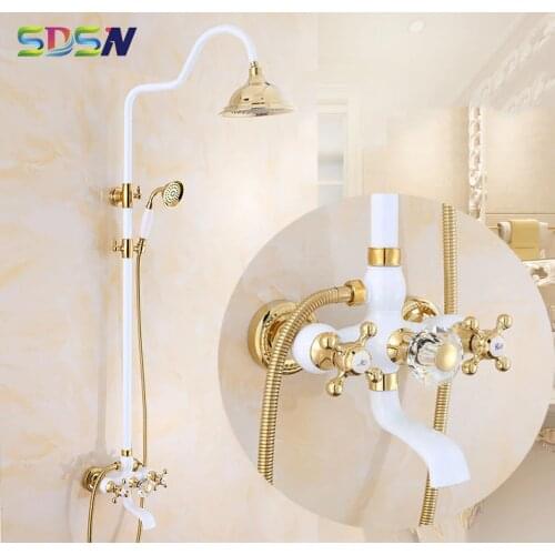 Shower Set SDSN Dual Handle White Gold Bathroom Shower System Rainfall Hand Shower Sprayer Copper Brass Bathroom Shower Faucet