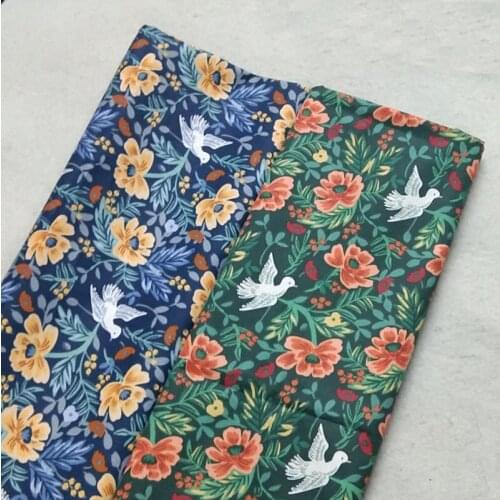 Pretty Navy Blue & Green White Peace Pigeon Bird Printed Cotton Fabric 50x160cm Floral Fabric Patchwork Cloth Dress DIY Sewing Q