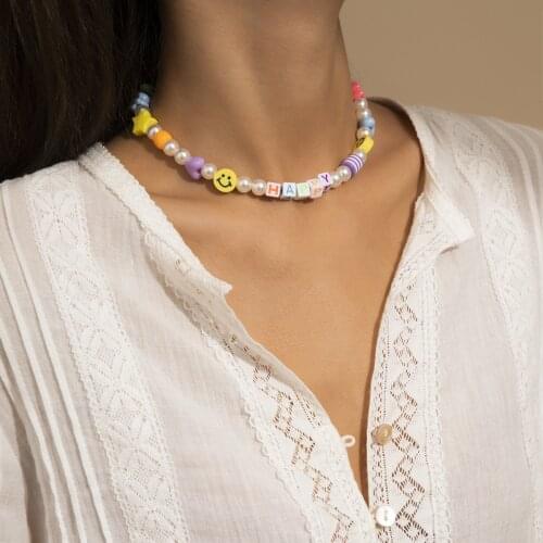 Hip Pop Acrylic Beads Smiley Necklace 2021 Colorful Round Bead Choker Smile Necklace for Women Girl Beach Bohemian Jewelry