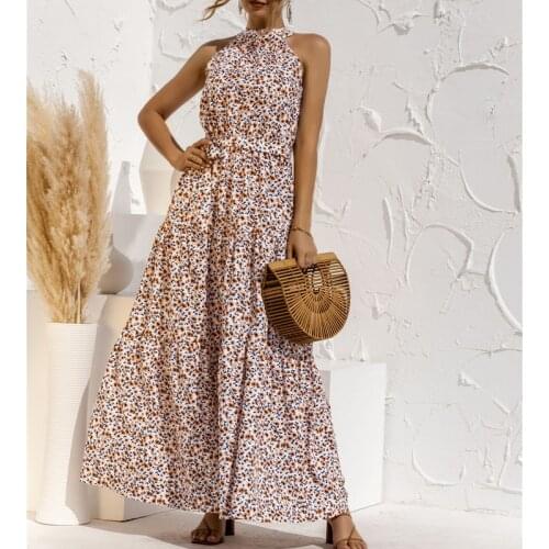 2021 Women Maxi Dress Floral Print Off-the-shoulder Halter Neck Strap Summer Beach Boho Casual Girl Drawstring Chiffon Dresses