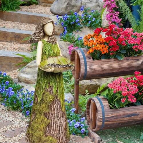 Garden Flower Fairy Statue with Leaf Bird Feeder Simulated Tree Trunk Growing Fern Dress Fairy Sculpture with Big Seeds Holder
