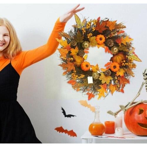 45cm Halloween Wreath Artificial Maple Leaf Pumpkin Door Wreath Decoration Thanksgiving Wreath Autumn Halloween E5I8