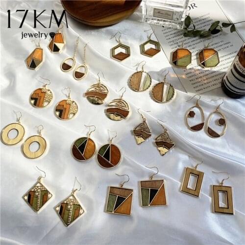 17KM New Vintage Round Wood Drop Earrings For Women Brincos Square Geometric Dangle Earring 2020 Statement Fashion Jewelry