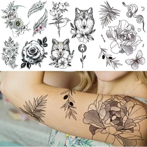 Fox Wolf Snake Butterfly Temporary Tattoos For Women Black Rose Tattoo Sticker Fake Jewelry Feather Moon Flower 3D Tatoos