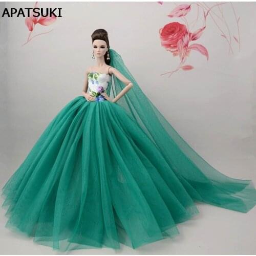 Green Chinese Flower Doll Dress For Barbie Doll Long Tail Evening Gown Clothes Wedding Dress +Veil 1:6 Doll Accessories