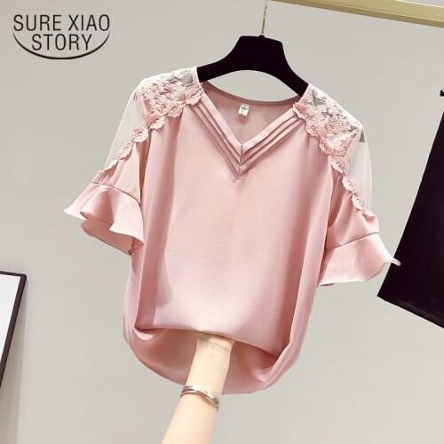 Korean Loose V-neck Mesh Stitching Lace Blouse Women Summer Short Sleeve Chiffon Shirt Female Plus Size White Clothing 14851