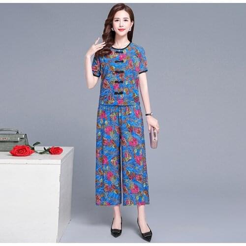 Women summer set Retro national wind suit women loose casual printing short-sleeved T-shirt Top + wide leg trousers two-piece