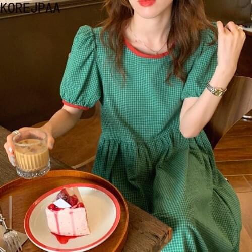 Korejpaa Women Dress 2021 Summer Retro Age-Reducing Contrast Color Edging Plaid Design Loose Versatile Puff Sleeve Vestidos