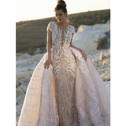 Gorgeous Full Sequins Mermaid Wedding Dresses Bridal Gowns With Detachable Overskirts Lace Appliqued Vestidos De Novia Plus Size