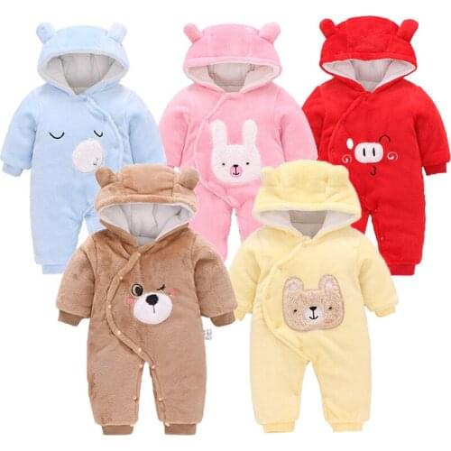 Unisex Winter Romper For Newborn Cartoon Hooded Baby Girl Jumpsuit Full Sleeves Thicken Toddler Boys Outdoor Bodysuit Keep Warm