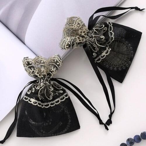 1pc Fashion Black Gold Lace Jewelry Trinkets Nice Packaging Bags Organza Drawstring Gift Bags Wedding Party Candy Bags10x14cm