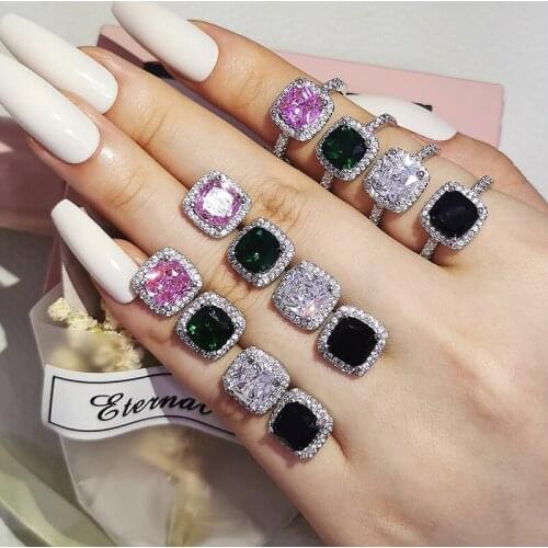 2pcs Pack 925 Sterling Silver cushion Jewelry set Engagement ring stud earring for Wedding for women gift size 11,12,13 J1099