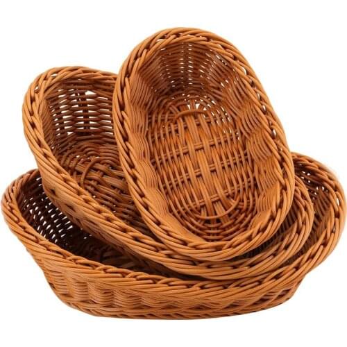 3 Pack Woven Breads Serving Baskets,Oval Imitation Rattan Fruit Basket,Woven Stackable Tabletop Food Basket,Brown