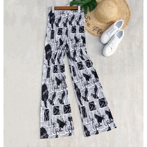 Women Summer Long Pants High Waist Loose Fit Elastic Waist Wide Leg Pants Letters Print Street Style Fashion Pleated Satin Pants