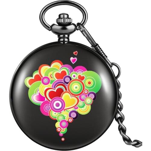 Retro Colorful Heart Design Quartz Pocket Watch Women Pendant Necklace Chain Vintage Alloy Watches Top Gift for Wife Kid Relogio