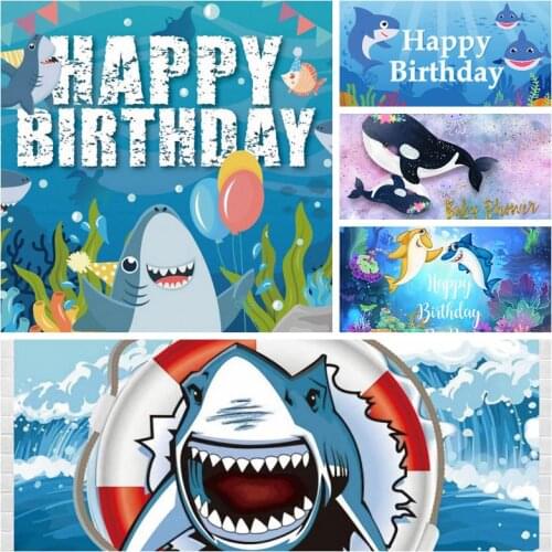 Shark Birthday Backdrops For Photography Baby Cartoon Fish Shell Bubble Party Portrait Photo Backgrounds Photo Studio