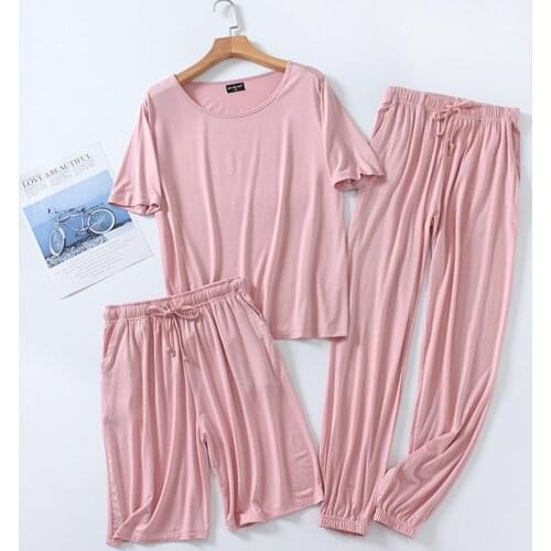 Fdfklak Solid 3PCS Comfort Modal Pajama Sets For Women 2021 Summer Short Sleeve Homewear Pijama Mujer Thin Three Piece Set