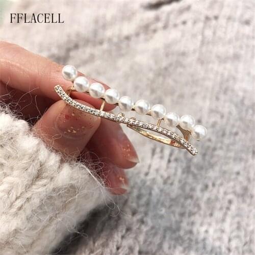 FFLACELL 2020 New Design Double Row Wave Curve Zircon Pearl Open Metal Ring Women Party Jewelry