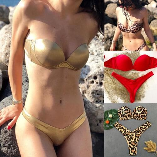 Swimsuit Women Bikini Set Bandage Push-up Padded Bra Leopard Printed Bathing Suit Triangle Swimwear Two-Piece Suits