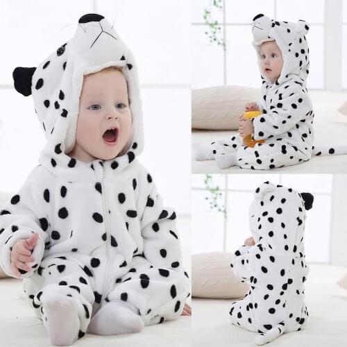 Cute Snow Leopard Design Flannel Rompers Baby Kids Long Sleeve Hoodies Jumpsuit Girls Boy Winter Zipper Cardigan Hooded Bodysuit