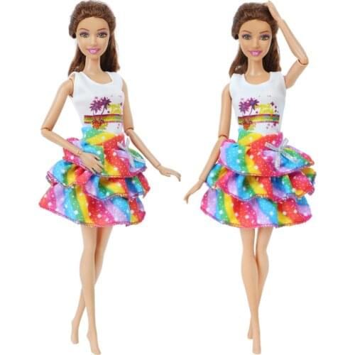 Cute 1 Set White Printing Vest Tops Corolful Layered Skirt Casual Clothes Accessories for Barbie Doll Kids Toy