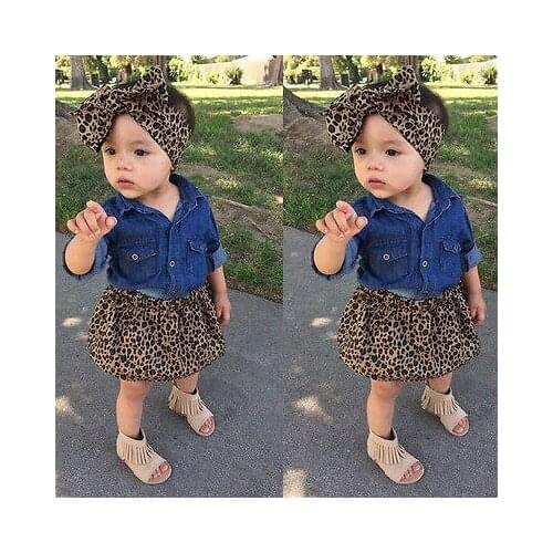 3PCS Set ! 2017 Spring Autumn Cute Baby Girls Clothes Toddler Kids Denim Tops+Leopard Culotte Skirt Children Girl Clothing Set