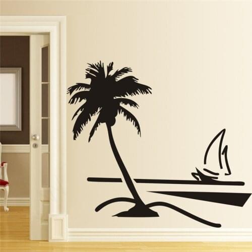 Beach sailboat coconut palm tree wall stickers for living room home decoration diy stickers removable art vinyl black
