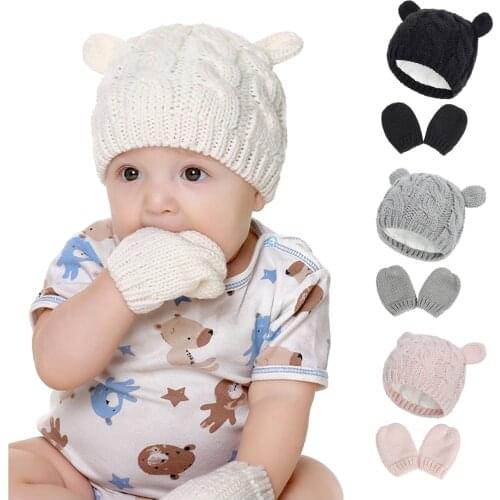 2020 New Winter 0-18M Newborn Baby Girls Boys 2Pcs Set Lovely 3D Bear Ears Knitted Cap+Gloves Warm Infant Birth Gift 4 Colors