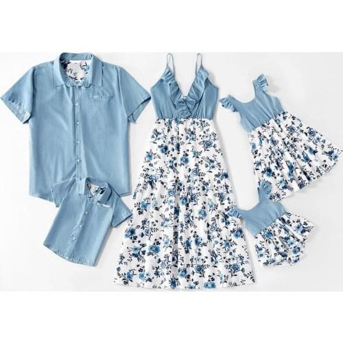 Family Matching Outfits Mother Daughter Dresses Floral Skirt Splicing Women Sexy Clothes Daddy Boy Short Tee Summer Kids Dress