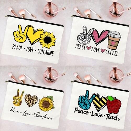Peace Love Coffee Print Makeup Cases Fashion Women Cosmetic Bags White Lipstick Pouch Harajuku Canvas Bags Eco Reusable Purse