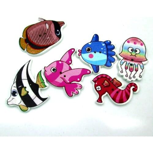 50pcs 35x24mm Mixed Animal Fish Wooden Buttons For Clothes Crafts Sewing Decorative Needlework Scrapbooking DIY Accessories