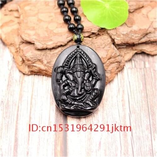 Elephant Charm for Natural Amulet Jade God Fashion Pendant Beads Black Chinese Gifts Necklace Obsidian Jewelry Women