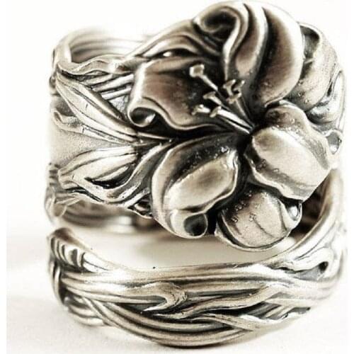 Creative Vintage Lily Flower Winding Ring for Women Spoon Shape Wedding Party Rings Jewelry Gift