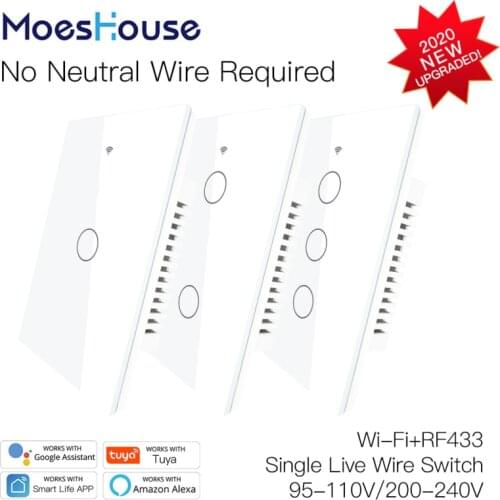 Tuya WiFi Smart Light Switch RF433 No Neutral Wire Single Fire Wall Switch 95-130V Bluetooth fast connection Smart Life Tuya App