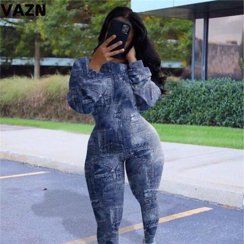VAZN 2020 Top Quality Plus Size Joker Young Daily Retro Soft Elastic Full Sleeve High Waist Women Skinny Pencil Jumpsuits