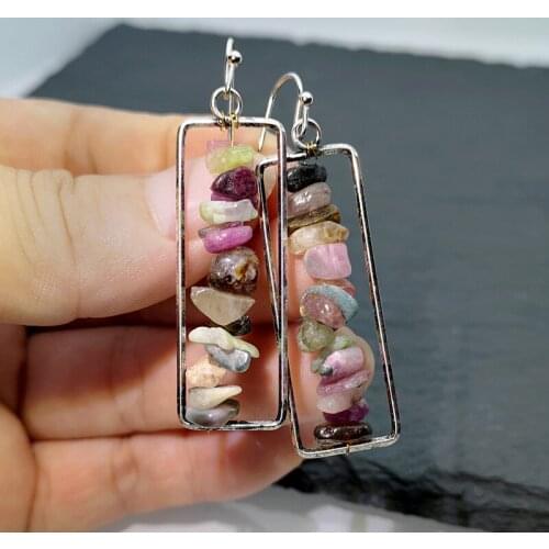 Square Hoop Pomegranate Red Multi Stones Strung Earrings for Women Mix Color Beads Gravel Vintage Drop Dangle Earrings Jewelry