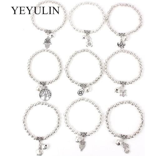 Silver Color Tone Jingle Bell Elephant Bear Turtle Charms Pendant Bracelet Elastic Stretch Bead Bracelets For Women Jewelry
