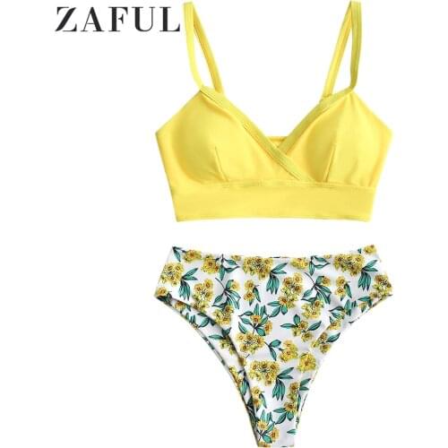 ZAFUL Women Bikini Plunge Surplice Floral Tankini Swimsuit Wire Free Solid Bra And Floral Briefs Sexy Bikini Bathing Suit