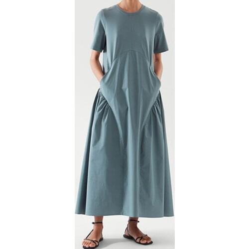 2021 New Summer Women O-Neck Midi Dress Cotton Simple Short-Sleeved O-Neck Ladies Pleated Long Dresses Robe with Pockets