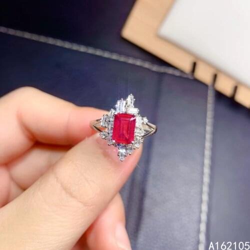 925 Pure Silver Chinese Style Natural Ruby Womens Luxury Elegant Rectangle Adjustable Gemstone Ring Fine Jewelry Support Detect