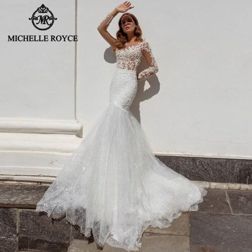 Michelle Royce Mermaid Wedding Dresses 2020 Sexy Scoop Long Sleeve Appliques Button Chapel Train Bridal Gowns Vestido De Noiva