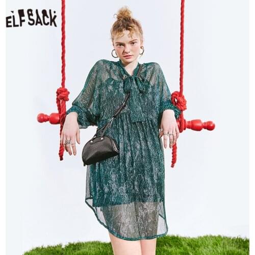 ELFSACK Solid Contrast Sequins High Waist Casual Vintage Women Midi Dress,2021 Spring ELF Elegant Bows Tie Female Party Dresses