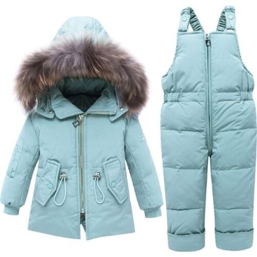 Winter Jacket For Boys Girls Kids Down Jackets Childs Overalls Hooded Snowsuit Natural Fur Parka Children Clothes Set Coat