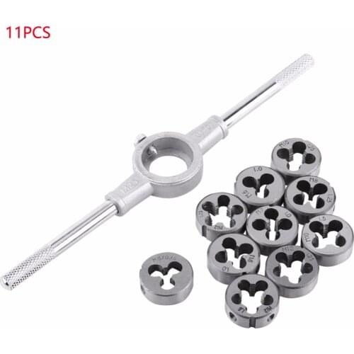 11PCS/Set Bearing Steel Die Wrench Sets Circular Die Kit Screw Thread Taps and Die Hand Tapping Tools Screw Tap Die Wrench Kit