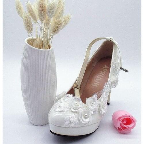 11CM thick block high heels platforms white wedding pumps shoes bride handmade ankle buckle straps flower white bridal shoes
