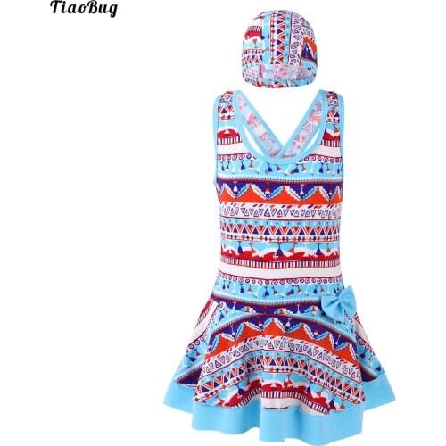 TiaoBug 2Pcs Kids Girls Summer Swimming Suit Round Neck Straps Above Knee Length Swimming Dress With Built-In Shorts And Hat Set
