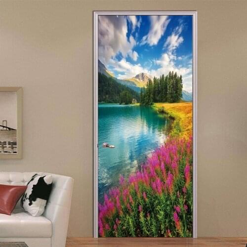 2Pcs/set Flower Cloud Door Stickers Landscape Style Wall Sticker Bedroom Living Room Scenery Waterproof Decals Home Decor