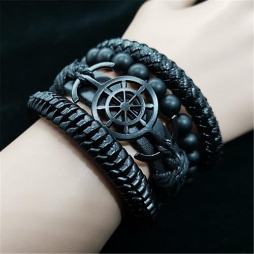 Rudder 4pcs/set Black Beads Feather Star Beacelets Leather Bracelets Set Men Bracelets Women Homme Fashion Jewelry Accessories